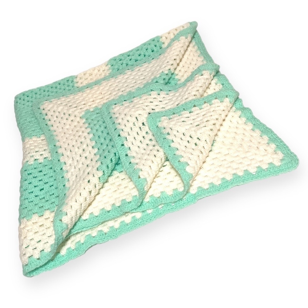 Handmade Crocheted Baby Blanket 40x40 Mint‎ Green White Cream Afghan